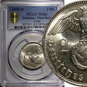 Germany - Third Reich Silver 1938 B 2 Reichs Mark PCGS MS63 Hindenburg KM# 93(4) - Picture 1 of 6