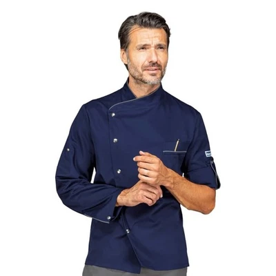 Giacca Cuoco Manhattan Blu Profilo Grigio a Manica Lunga - ISACCO - Pizzaiolo - Immagine 1 di 3
