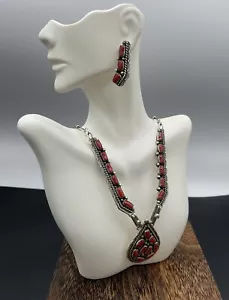 Native American Sterling Silver Navajo Handmade Red Coral Necklace Set - Picture 1 of 7