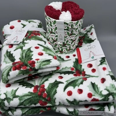 9pc Caro Christmas Holly Berries 2 Bath 2 Hand Towel 5 Washcloth Set Green Red - Image 1 of 4