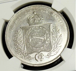 Brazil: 1855 Silver 2,000 Reis KM-466 NGC Unc Details. - Picture 1 of 4