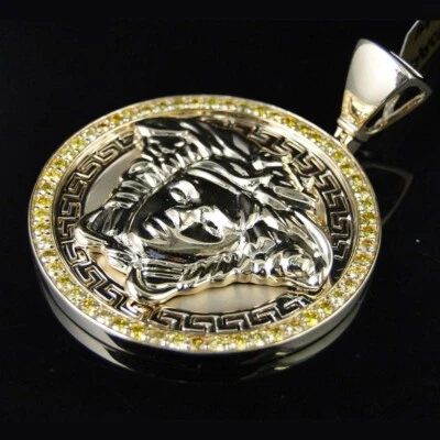 3.40Ct Lab Created Yellow Diamond 14K White Gold Plated Medusa Head Pendant 1.9" - Image 1 of 4