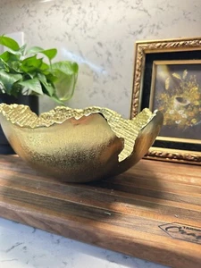 Gold Finished Raw Edge Bowl Centerpiece Fruit Serving Pasta Salad Elegant Modern - Picture 1 of 13