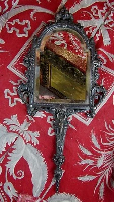 ancienne glace miroir face a main napoleon 3 bronze argenté signé pelletier XIXe - Photo 1/4
