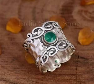 Filigree Green Onyx Ring Handmade 925 Sterling Silver Band Handmade Wide Band - Picture 1 of 5