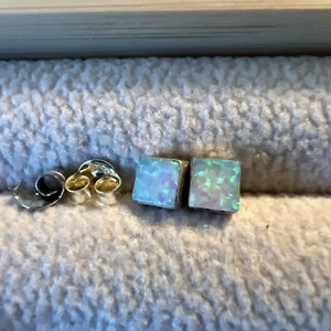 Fire Opal Earrings Stud Square Sterling Silver Post 3/16 Inch - Picture 1 of 5
