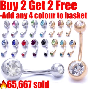 Belly Bar Surgical Steel Double Crystal Gem Navel Bar Button Ring Belly Bars - Picture 1 of 4