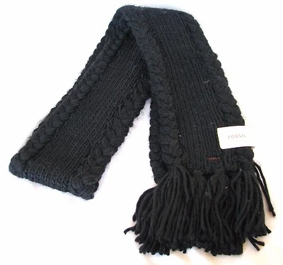 NEW FOSSIL ADDISON THICK KNITTED BLACK ACRYLIC SCARF w/ FRINGE+BRAIDED TRIM - Image 1 of 4