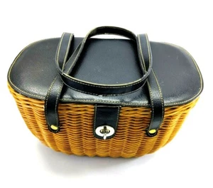 Vtg Braciano Signed Designer Bamboo Woven Basket Lunch Box Travel Shop Bag Purse - Picture 1 of 12