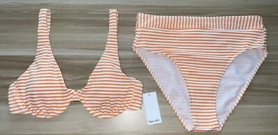 Espléndido Bikini Conjunto de 2 Piezas Cintura Media Alta Naranja Blanco Rayas Seersucker Nuevo con Etiquetas Foto 1 de 4