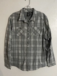 REI Shirt Womens XL Gray White Long Sleeve Snap Front Stretch Panels Hiking - Picture 1 of 6