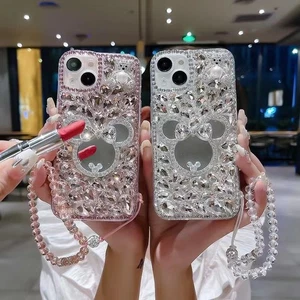 Funda de teléfono personalizada con espejo de oso brillante con diamantes brillantes con cordón para iPhone - Imagen 1 de 23