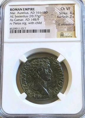 Roman Marcus Aurelius Sestertius NGC CH VF Ancient Coin Pietas - Image 1 of 4