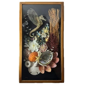 Julio G Meza Seashell Art Sig. Roses Winged Seahorse Glass Display 10”x18” 2002 - Picture 1 of 7