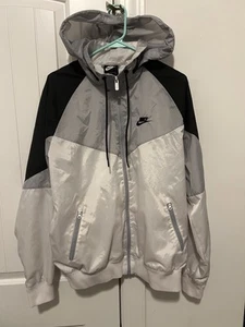 Nike Tech Windbreaker Jacket Hoodie Mens M Gray White Embroidered Big Logo Back - Picture 1 of 24