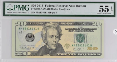 PMG 55 EPQ $20 2013  FR#2097 - A   BOSTON (MAB Block) RIOS / LEW  (MIRROR SN)  - Image 1 of 2