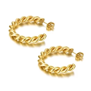18K Gold-filled & tarnish free Twisted Hoop Earrings- Gold Twist Rope Open Hoops - Picture 1 of 6