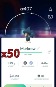 ¡Paquete de 50 Pokémon Murkrow!! ¡Buena oportunidad de suerte y buenos IV!! Go - Imagen 1 de 1