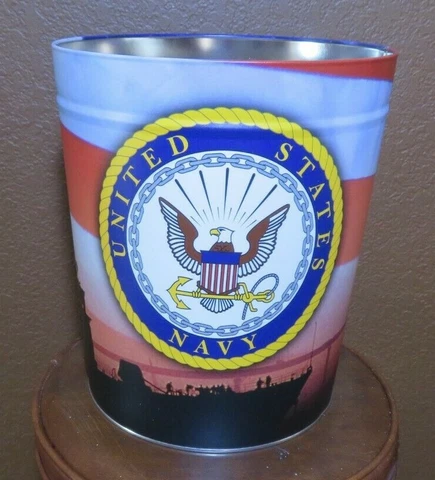 United States Navy Flag Popcorn Tin Waste Bucket Lid Blue Red 11ht x10dia Cover