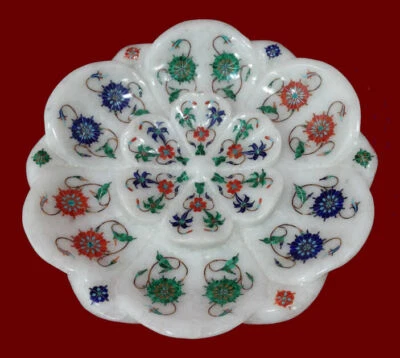 Frutero seco de mármol blanco de 10" lapislázuli malaquita cornalina incrustación decoración de cocina Foto 1 de 4