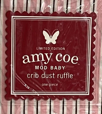 Amy Coe Mod Baby Crib Dust Ruffle Pink White Brown Stripe 100% Cotton NEW LE - Image 1 of 4
