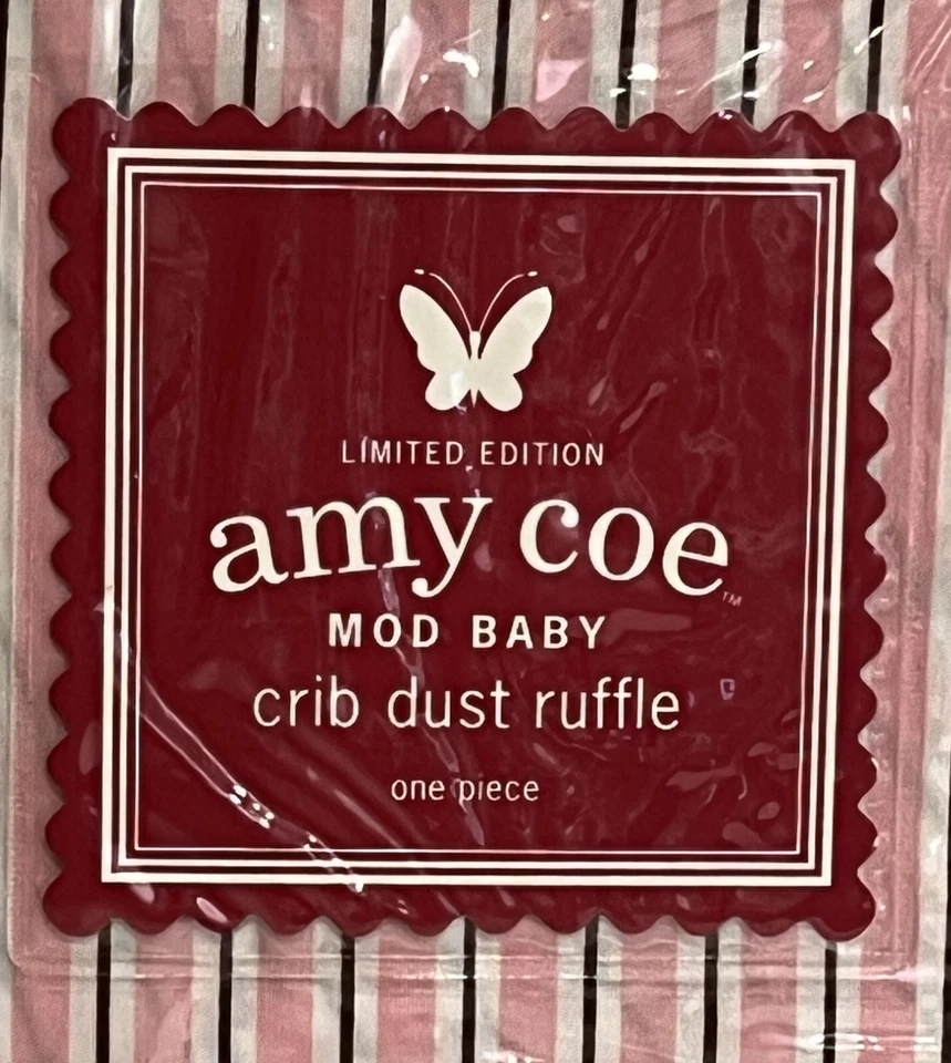 Amy Coe Mod 婴儿床灰尘荷叶边粉色白色棕色条纹 100% 棉全新 LE — 第 1/4 张图片