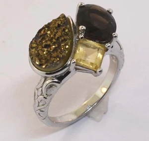 EA - STERLING SILVER - CITRINE + TOPAZ DRUZZY RING SIZE 7 - Picture 1 of 4
