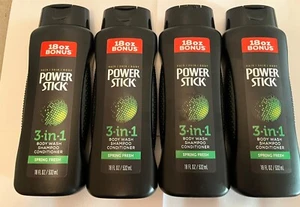 Lot of 4 Power Stick SPRING FRESH 3-in-1 Body Wash, Shampoo/Conditioner 18oz - Picture 1 of 3
