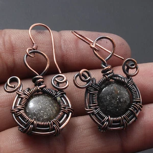 Sunstone Gemstone Valentine Gift Wire Wrapped Earrings 2" Jewelry G9802 - Picture 1 of 3