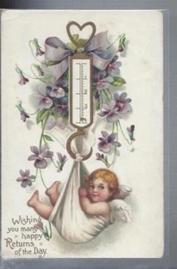 Many Happy Returns Cherub in hanging scale & Violets flowers IAP Postcard #534 - Picture 1 of 2
