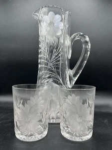 American Brilliant Cut Glass-Tankard-2 Tumblers w/Engraved Floral Blossoms-Vines - Picture 1 of 24