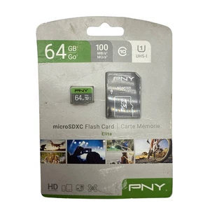 PNY Elite 64GB microSDXC UHS I U1 Class 10 Flash Memory Card with SD Adapter - Picture 1 of 12