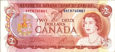VINTAGE CANADA BANKNOTE 1974 2  DOLLAR PREFIX AER NO466 - Image 1 of 2