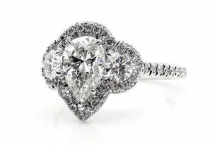 2.20ct White Pear Lab Created 925 Sterling Silver Engagement Wedding 3 Ston Ring - Picture 1 of 8