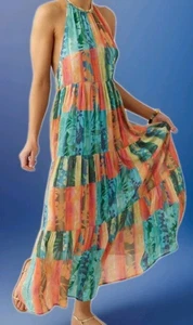 O'NEILL-Jennifer Beachy Boho Halter Dress Tropics Crinkle Tiers Fairy Festival-M - Picture 1 of 13
