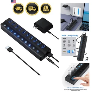USB Hub 10 Port USB 3.0 Splitter Fast Data Transfer with Power Switches - Picture 1 of 9