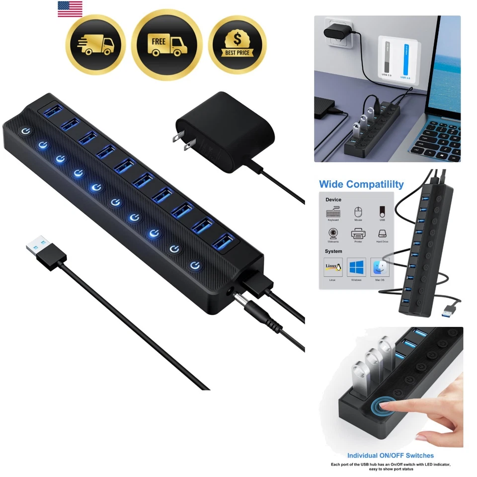 USB Hub 10 Port USB 3.0 Splitter Fast Data Transfer with Power Switches - Image 1 of 4