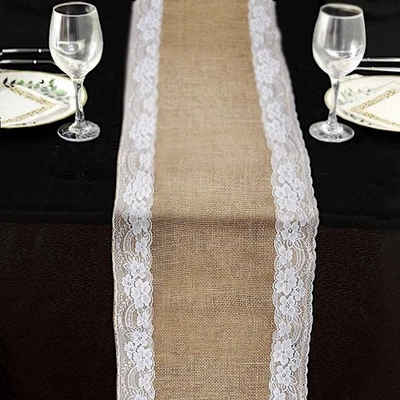 14" x 104" NATURAL WHITE Burlap Lace Trim TABLE RUNNER Party Events Decorations - Image 1 of 4