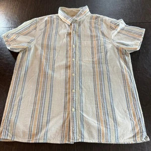 American Eagle Casual Striped Button-Down Shirt in Cream, Peach and Blue Sz L - Picture 1 of 7