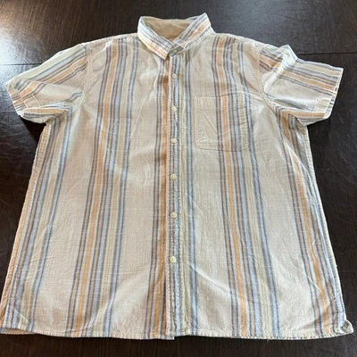 American Eagle Casual Striped Button-Down Shirt in Cream, Peach and Blue Sz L - Image 1 of 4