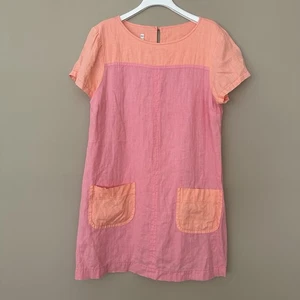 Uncle Frank Women L 100% Linen Dress Pockets Peach Pink Shifty Patchwork Block - Picture 1 of 8