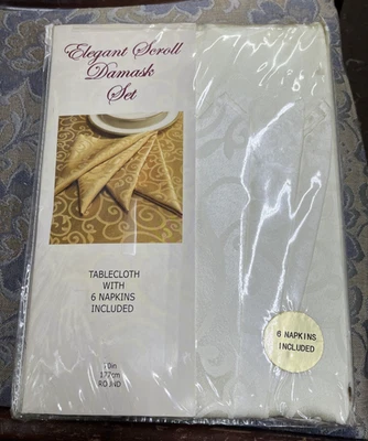 Damask Scroll Tablecloth,  Round 70", 6 Napkins, Beige-Ornate Patterns Christmas - Image 1 of 4