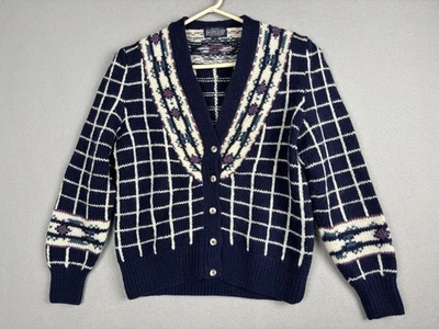 Suéter DE COLECCIÓN Lands' End Mujer Mediano Azul Lana Cárdigan Fair Isle Grid Años 90 Foto 1 de 4