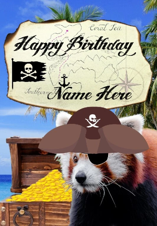 pb&fd124 Red Panda Fun Cute Pirate   All Occasions Personalised Greeting Card - Image 1 of 1