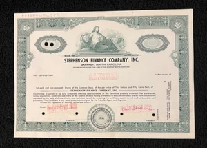 Vtg Stephenson Finance Co Inc Gaffney South Carolina Cancelled Stock Certificate - Picture 1 of 2