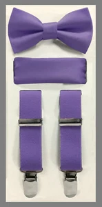 Lavender Lilac NEW Boy's Clip Suspender Bow tie & Pocket Square 3 pieces set - Picture 1 of 1