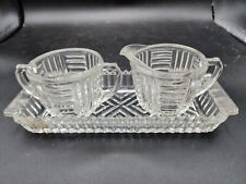 Vintage Federal Glass Sugar And Creamer Set With Tray - Heavy Ribbed Glass