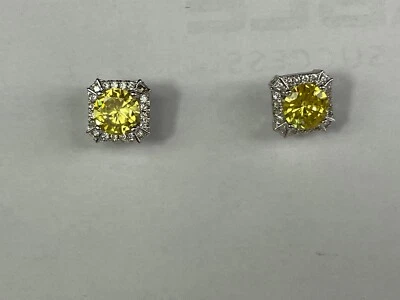 WHITE GOLD FINISH Round Cut Yellow Citrine and Created Diamond Stud Earrings - Image 1 of 4