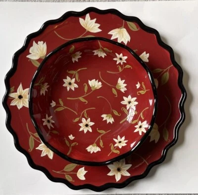 Plato y cuenco para servir certificado internacional Lori Siebert rojo marfil floral Foto 1 de 4