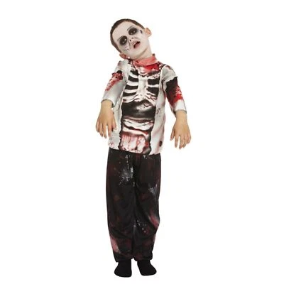 Boys Zombie Costume Gothic Ghost Skeleton Scary Halloween Fancy Dress - Image 1 of 4